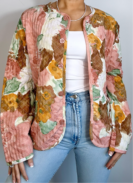 Vintage BLush Mustard Orange Green Patchington Floral Quilted Jacket