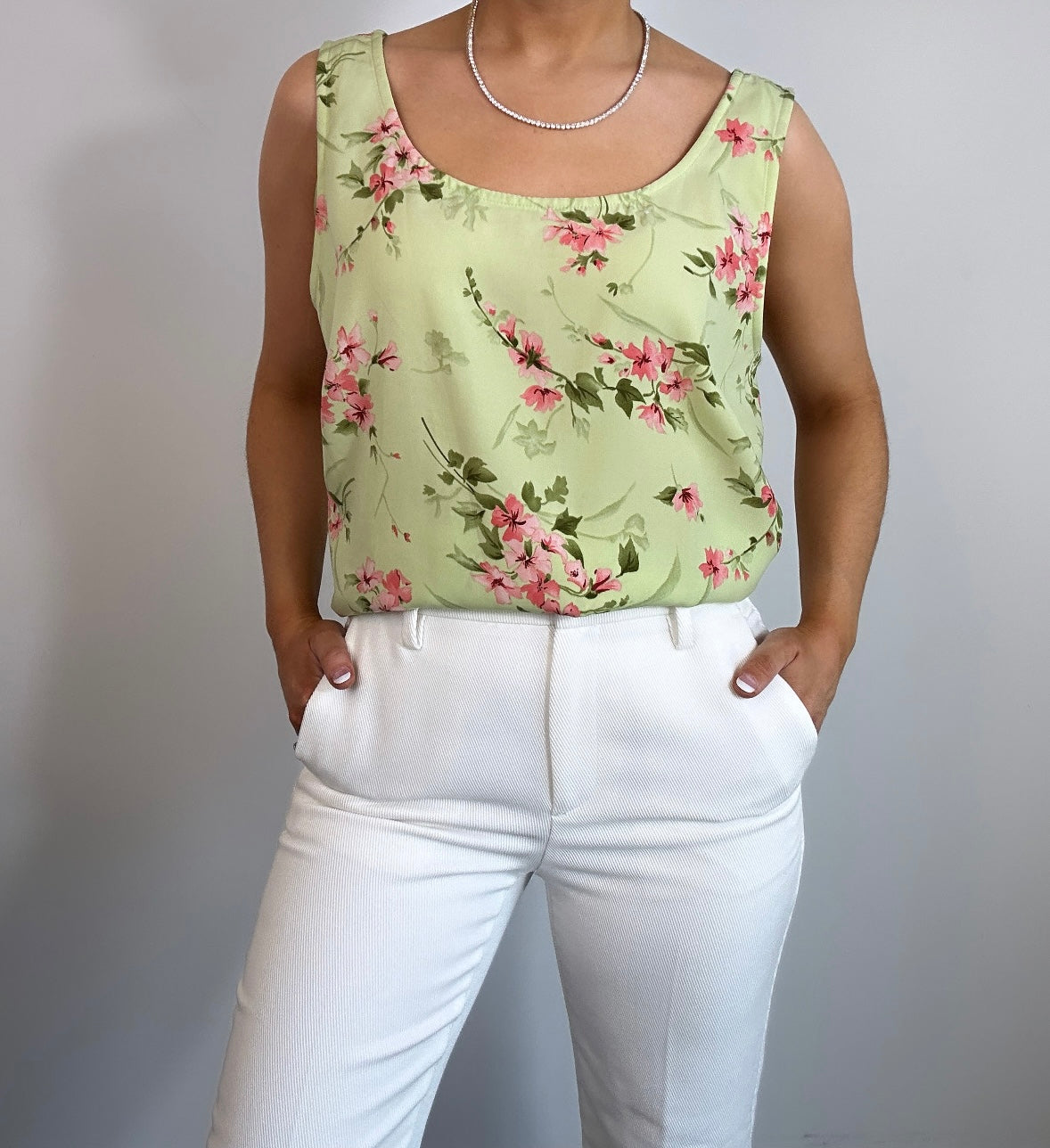 Vintage Light Green Pink Floral Tank Top