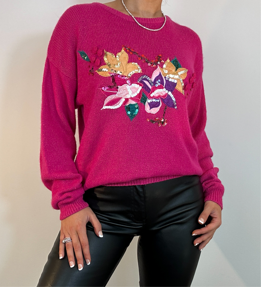 Vintage P' Galli Floral Sequin Embroidered Crewneck Hot Pink Multicolor Sweater