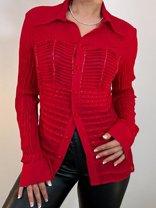 Y2K Vintage Kaelyn Max Red Beaded Textured Sheer Lon Sleeve Blouse