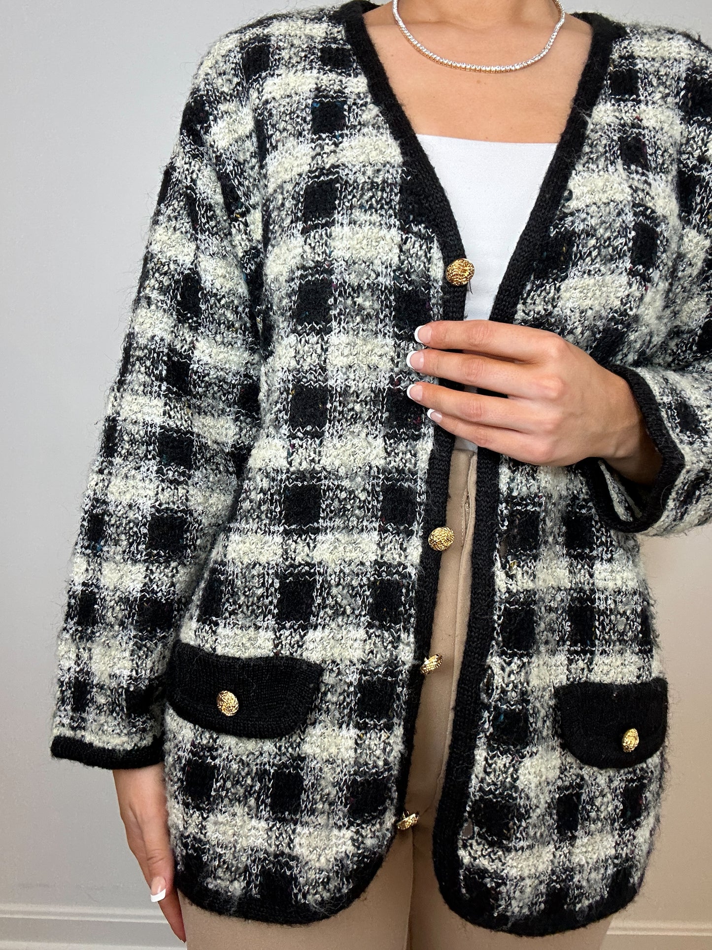 Vintage Summit Hill Black White Gold Button Plaid Cardigan Sweater