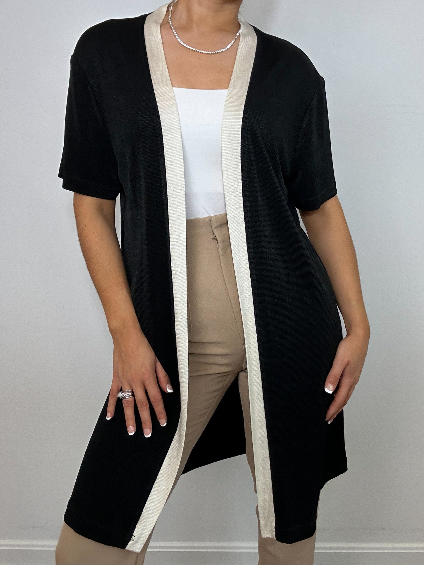 Vintage Piccalino Petites Black White Trim Kimono Cardigan Shawl