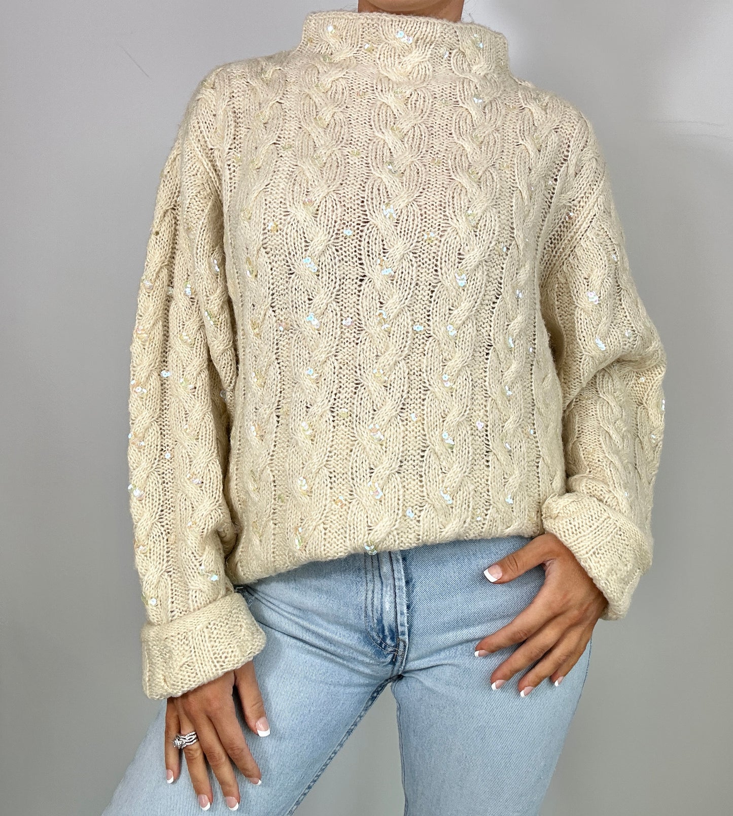 Vintage Venezia Jeans Cream Sequin Embellished Mock Neck Chunky Knit Sweater