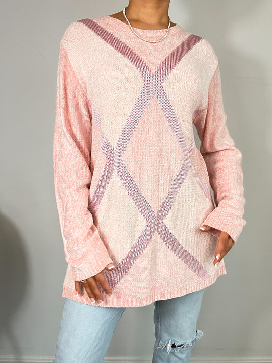 Vintage Sag Harbor Argyle Preppy Light Pink Chenille Sweater