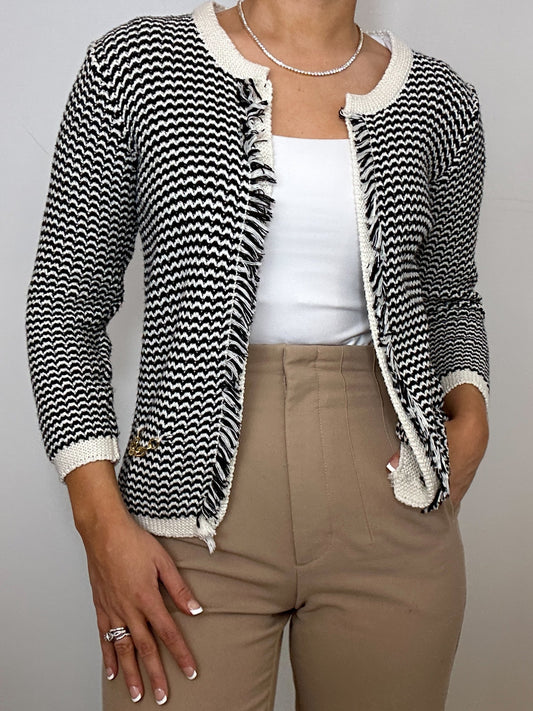 Vintage J. Perico Black White Knit Cardigan Jacket with Gold Detail