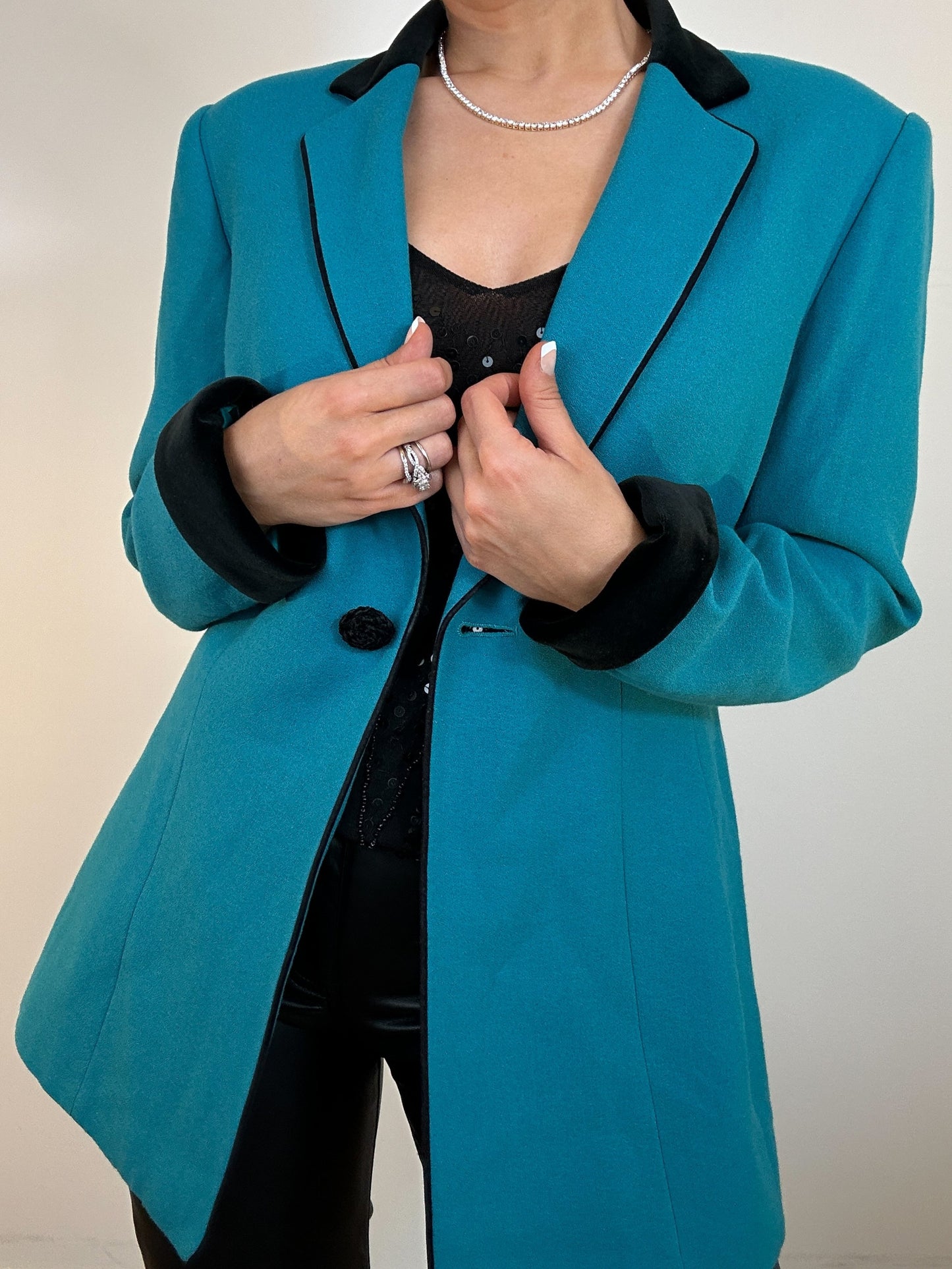 Vintage Emerald Green Black Velvet Collard Kasper Longline Blazer Jacket