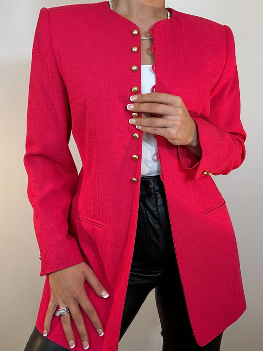 Vintage Petite Sophisticate Hot Pink Long Line Blazer with Gold Buttons