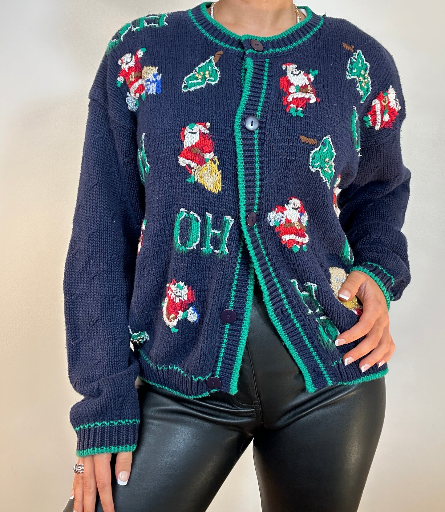 Vintage Navy Green Embroidered Beaded Santa Christmas Cardigan Sweater