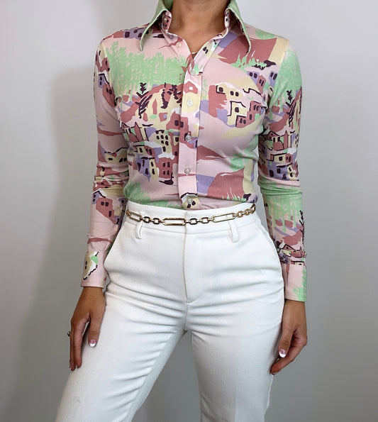 1970's Vintage Pastel Novelty Print Button Down Dagger Top