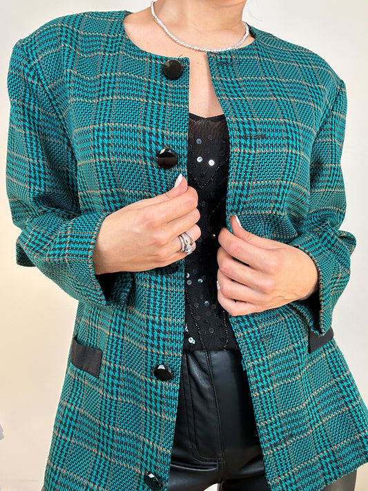 Vintage Cricket Lane Green Mustard Black Houndstooth Plaid Blazer Jacket