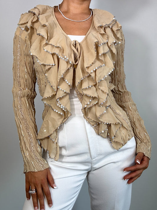 Early 2000s Y2K Kaelyn Max Vintage Tan Ruffled Texture Long Sleeve Blouse with Sequins