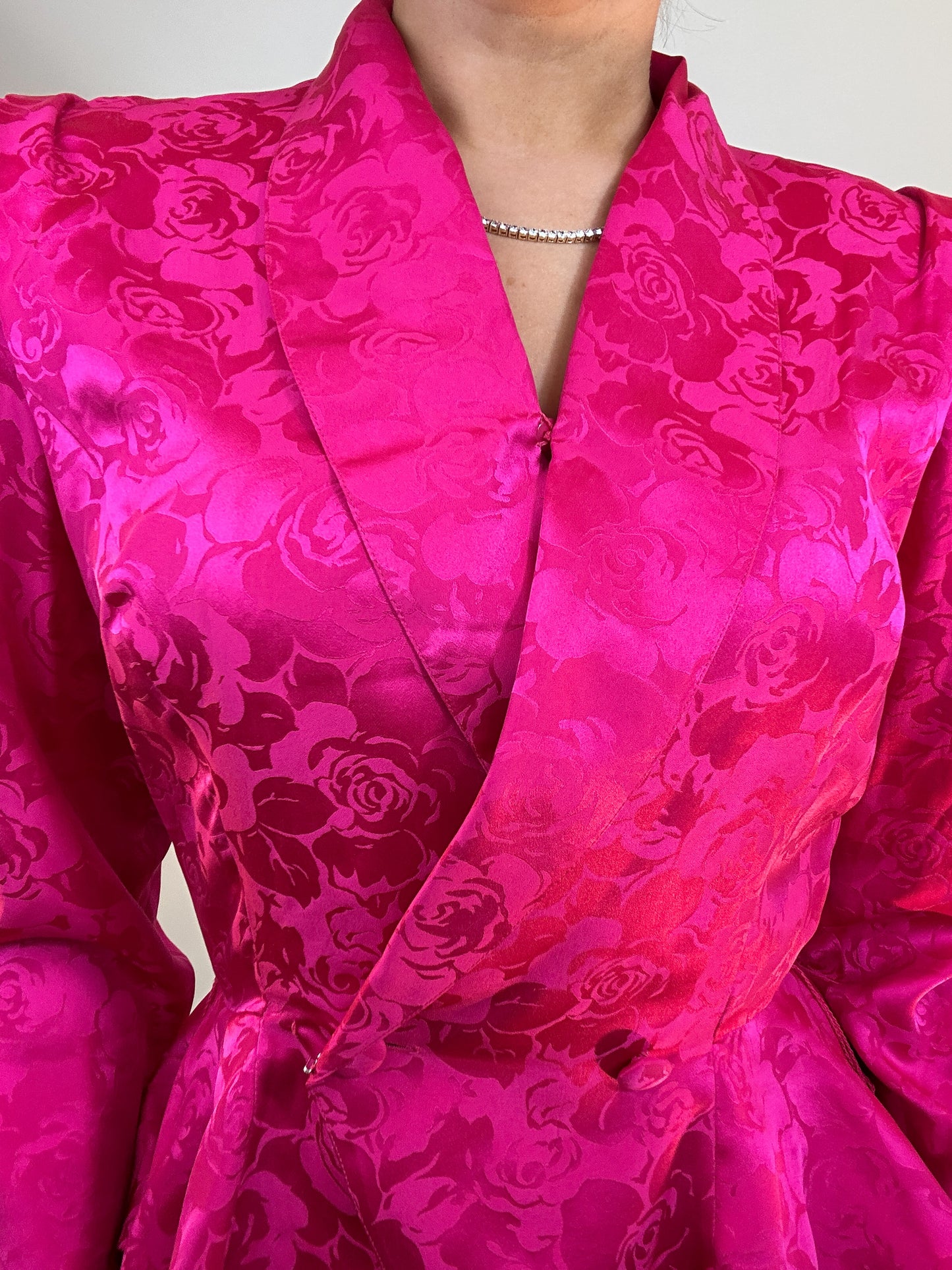 Vintage Hot Pink Rose Jaquard Floral Peplum Silk Long Sleeve Blouse