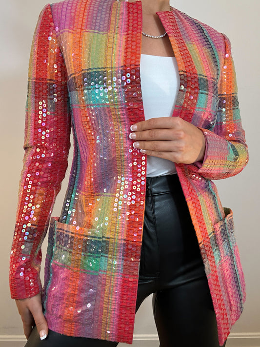 Rare Vintage Chester Weinberg Sequin Multicolor Plaid Long Line Blazer Jacket