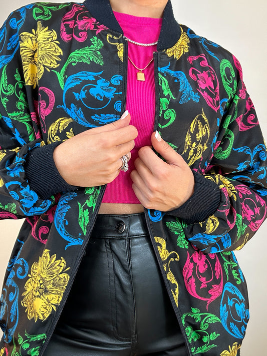 Vintage Black Colorful Printed Bomber Jacket