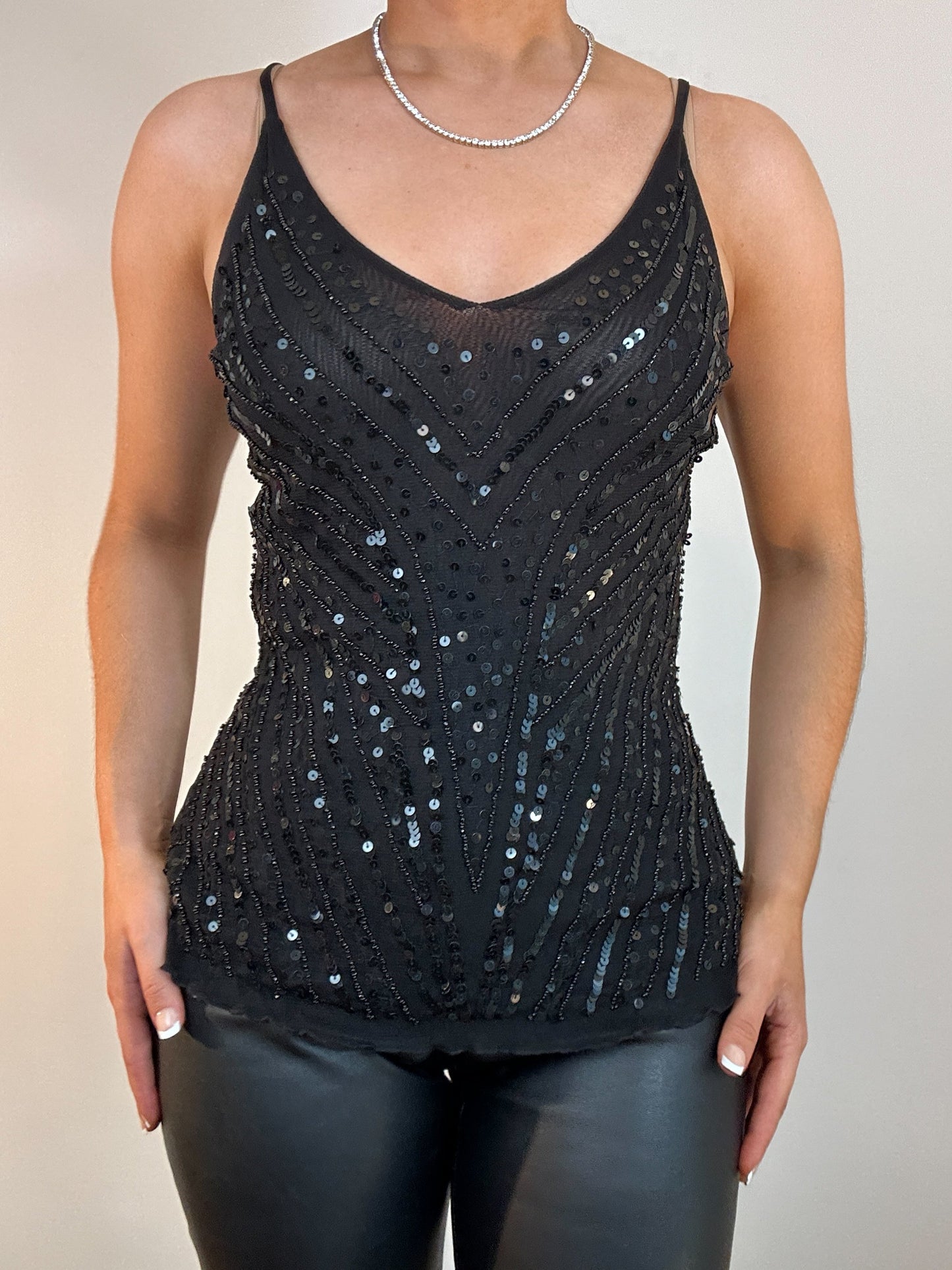 Vintage Wet Seal Y2K Black Sequin Beaded V-neck Tank Top