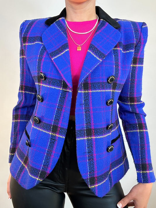 Vintage Lois Snyder Dani Max Petites Roya Blue Pink Yellow Plaid Blazer Jacket