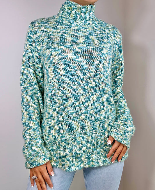 Vintage Villager Green Blue Chunky Knit Mock Neck Sweater