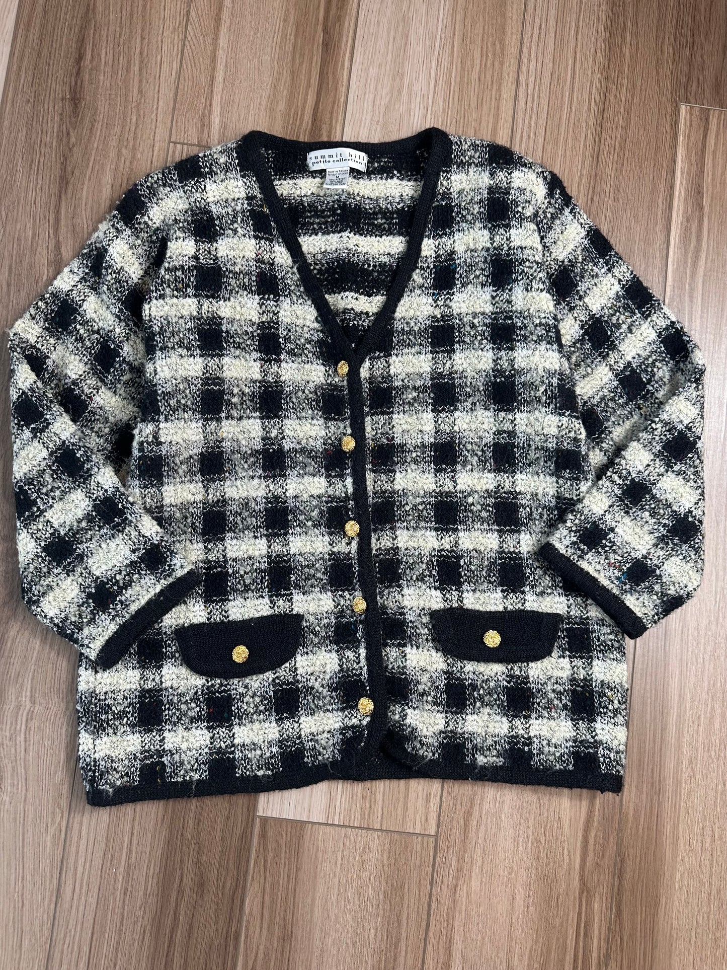 Vintage Summit Hill Black White Gold Button Plaid Cardigan Sweater