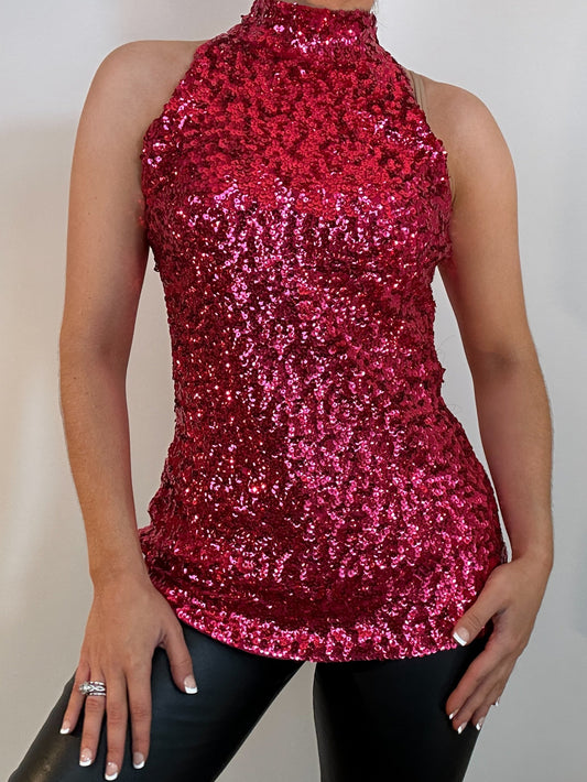 Vintage Hot Pink Alexandra Mock Neck Sequin Tank Top