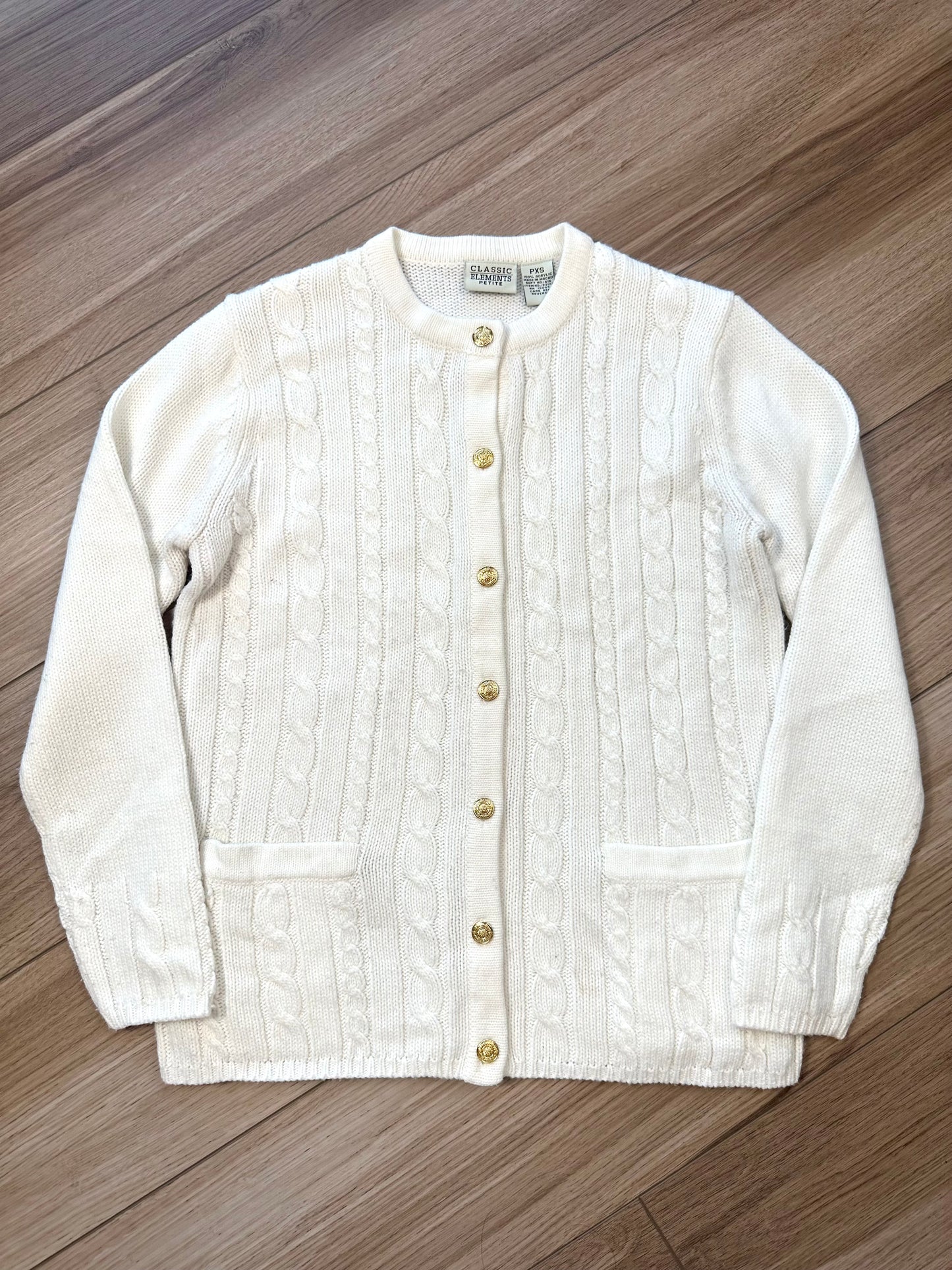 Vintage Preppy Classic Elements Cable Knit Cardigan Gold Buttons