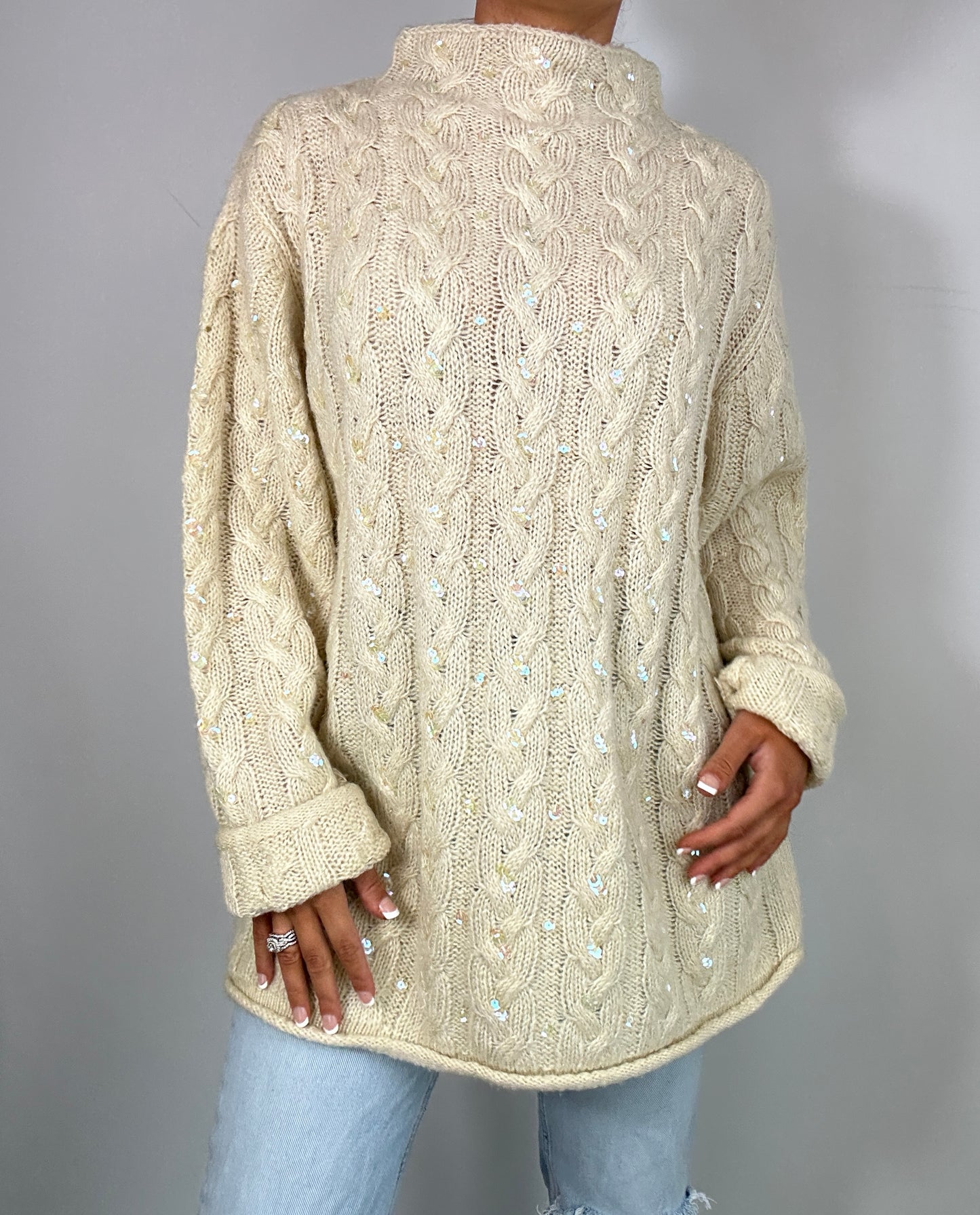 Vintage Venezia Jeans Cream Sequin Embellished Mock Neck Chunky Knit Sweater