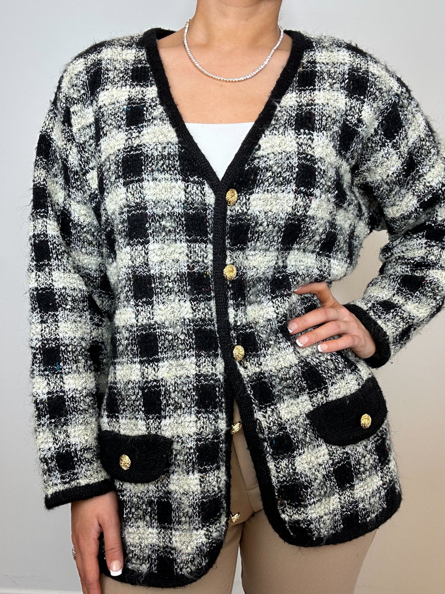 Vintage Summit Hill Black White Gold Button Plaid Cardigan Sweater